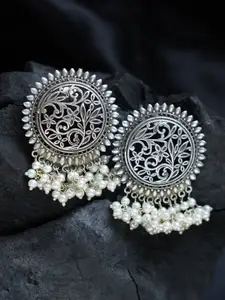 FIROZA Silver-Toned & Off White Oxidised Beaded Circular Drop Earrings