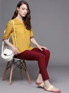 Fabindia Mustard Yellow Mandarin Collar Roll-Up Sleeves Pure Cotton Top With Slub Effect