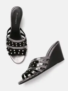 HF JOURNEY Black Embellished Leather Party Wedge Heels