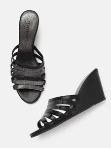 HF JOURNEY Black Leather Wedge Heels