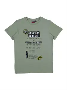 Gini and Jony Boys Olive Green Typography Printed Raw Edge T-shirt