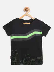 Gini and Jony Boys Black  Fluorescent Green Printed Pure Cotton T-shirt