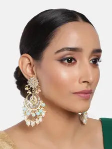 I Jewels Gold-Plated & Turquoise Blue Kundan & Pearl Studded Crescent Shaped Chandbalis