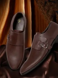 House of Pataudi Men Brown Solid Formal Monks with Buckle Detail