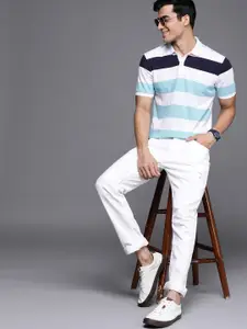 Allen Solly Sport Men White & Blue Striped Polo Collar T-shirt