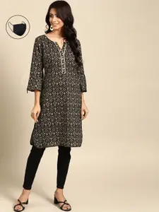 RANGMAYEE Black & Beige Ethnic Motifs Printed Pure Cotton Kurti Comes With A Mask