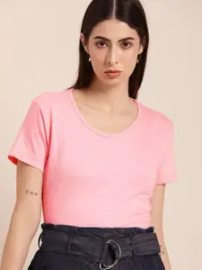 Moda Rapido Women Pink Solid Pure Cotton T-shirt