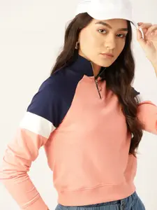 DressBerry Women Pink & Navy Blue Solid Sweatshirt