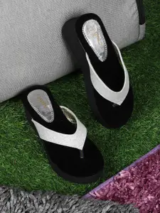 ZAPATOZ Silver & Black Embellished PU Flatform Sandals