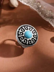 Rubans Oxidized Silver-Plated Stone-Studded Handcrafted Enamelled Adjustable Finger Ring