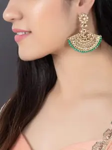 Rubans Gold-Plated & Green AD Studded & Beaded Classic Statement Chandbalis Earrings