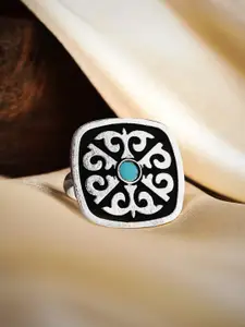 Rubans Oxidized Silver-Plated Black & Blue Stone Studded Handcrafted Finger Ring