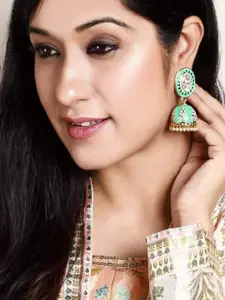 Rubans Gold & Green Contemporary Enamelled Jhumka Earrings