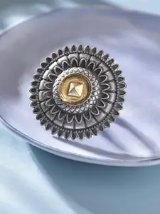 Rubans Oxidized Silver-Plated & Gold-Toned Handcrafted Statement Adjustable Finger Ring