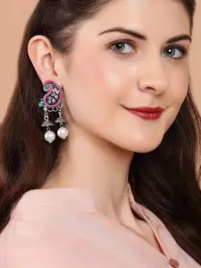 Rubans Women Pink & Blue Silver Plated Oxidized Paisley Jhumka Earrings