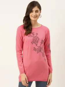 Madame Madame Women Pink & Charcoal Grey Floral Print Longline Pullover