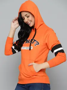 HERE&NOW Women Orange & Black Printed Hooded Sweatshirt