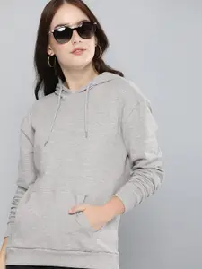 HERE&NOW Women Grey Melange Solid Hooded Pullover Sweatshirt