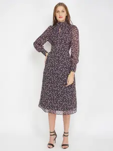 Oxolloxo Women Black and Lavender Floral Printed High Neck Midi Dress
