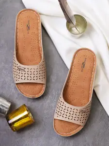 Shezone Women Cream Open Toe Flats with Laser Cuts