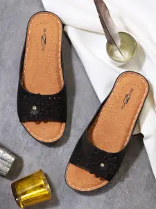 Shezone Women Black Textured Leather Ethnic Open Toe Flats