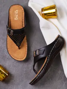 Shezone Women Black Open Toe Flats with Buckle Detail