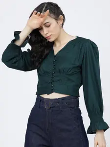 Tokyo Talkies Green Blouson Crop Top