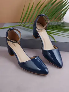 Get Glamr Navy Blue Block Pumps with Buckles