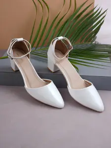 Get Glamr White Ankle Strap Block Heel Sandals