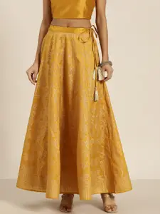 Shae by SASSAFRAS Mustard Yellow & Golden Foil Ethnic Motif Print Flared Maxi Skirt