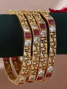 Adwitiya Collection Set Of 4 24CT Gold-Plated  White & Red Stone-Studded Handcrafted Bangles
