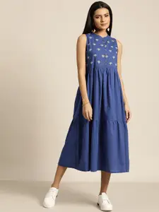 Shae by SASSAFRAS Blue Embroidered Pure Cotton Ethnic Tiered A-Line Dress