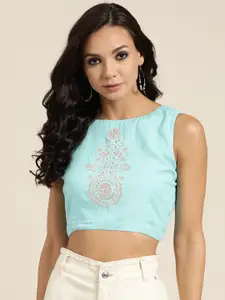 Shae by SASSAFRAS Blue & Gold-Toned Embroidered Liva Fitted Crop Top