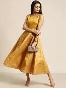 Shae by SASSAFRAS Mustard Yellow & Golden Ethnic Motifs Foil Print Maxi Dress