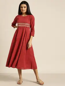 Shae by SASSAFRAS Maroon Tribal Embroidered Cotton A-Line Midi Dress