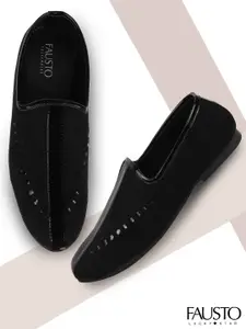 FAUSTO Men Black Woven Design Velvet Mojaris