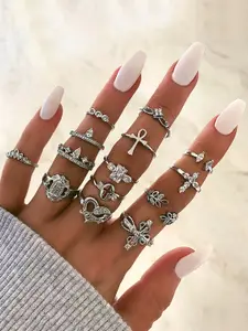 Yellow Chimes Set Of 14 Rhodium-Plated Silver-Toned & White Rhinestone-Studded Handcrafted Midi Finger Rings