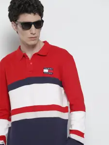 Tommy Hilfiger Men Red  White Pure Cotton Striped Polo Collar Loose Pure Cotton T-shirt