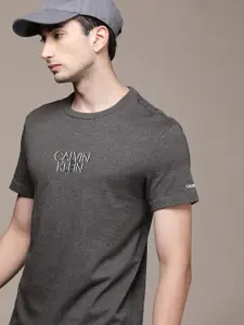 Calvin Klein Jeans Men Grey SHADOW CENTER Brand Logo Printed Pure Cotton T-shirt