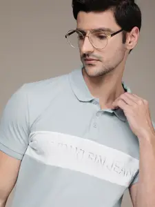 Calvin Klein Jeans Men Blue & White Colourblocked Brand Logo Print Polo Collar T-shirt