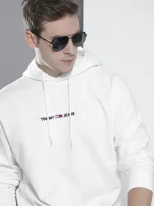 Tommy Hilfiger Men White Embroidered Hooded Sweatshirt
