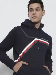 Tommy Hilfiger Men Navy Blue Striped Hooded Sweatshirt