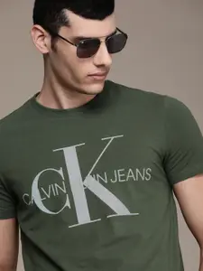 Calvin Klein Jeans Men Olive Green Logo Printed Slim Fit Casual T-shirt