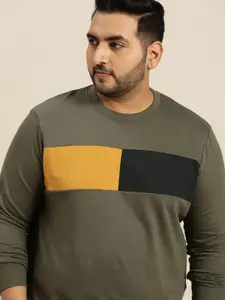Sztori Men Plus Size Olive Green & Black Pure Cotton Colourblocked Sweatshirt