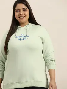 Sztori Women Plus Size Green Printed Detail Hooded Sweatshirt