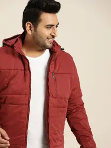 Sztori Men Plus Size Red Solid Padded Jacket with Detachable Hood