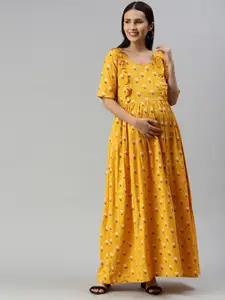 Swishchick Women Mustard Yellow Floral Layered Maternity Cotton Maxi Fit & Flare Dress