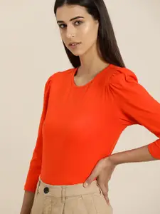 ether Women Orange Pure Cotton Solid Puff Sleeves Regular Top