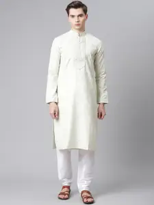 Readiprint Fashions Men Off White Floral Printed Thread Work Kurta with Trousers