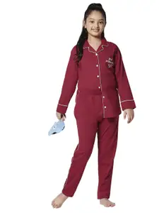 Zeyo Girls Red Solid Cotton Night Suit